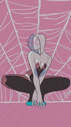 a drawing of a woman sitting on the ground in front of a spider web net