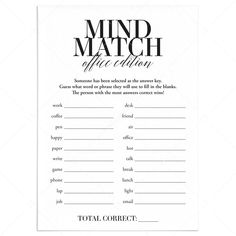 Office Party Game for Large Groups Mind Match Printable by LittleSizzle Whiteboard Games For Adults, Ice Breakers For Large Groups Of Adults, Work Games To Motivate, Virtual Office Games, Work Games For Staff, Work Activities Office Fun, Games To Play On Paper, Staff Meeting Games, Finish My Phrase Game