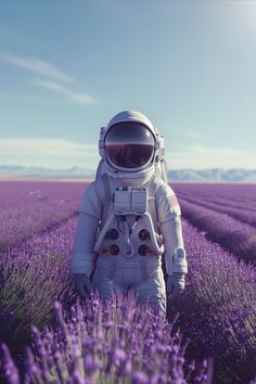 an astronaut standing in the middle of a lavender field