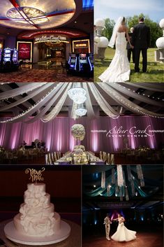 a collage of wedding photos with the bride and groom in front of their reception room