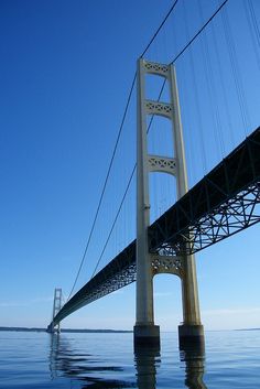 the underside of a bridge over water on a sunny day with blue sky in the background