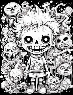 a black and white drawing of a cartoon character surrounded by halloween skulls, pumpkins and monsters