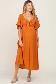 Rust Front Tie Ruffle Sleeve Maternity Midi Dress – PinkBlush Retro Maternity Dress, 2nd Trimester Maternity Outfits, Yellow Dress Maternity, Spring Maternity Dress, Maternity Shower Dress, Orange Maternity Dress, Pregnancy Dresses Summer, Pregnant Wedding Guest Outfits, Maternity Wedding Guest Dress