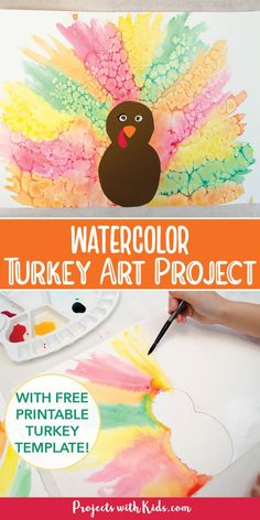 Watercolor turkey art project for kids, hand painting with yellow watercolor paint. Printable Turkey Template, Turkey Art Projects, Thanksgiving Painting, Watercolor Turkey, Craft For Thanksgiving, Turkey Printable, Turkey Template, Painting Crafts For Kids, Turkey Painting