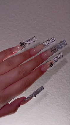 Chrome And Pink Acrylic Nails, V French Tip Nails With Rhinestones, Tasha Core, Long Nail Inspo Acrylic, Silver Birthday Nails, Bling Acrylic Nails Rhinestones, Long Nails Bling, Xl Long Acrylic Nails, Silver Nails Acrylic