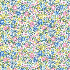 an image of a flowery pattern with blue, pink and yellow flowers on it