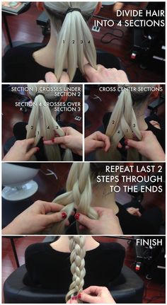 3 Strand Braid Tutorial, Four Section Braid, Russian Braids Tutorial, How To Four Strand Braid, Types Of Braids Tutorial, Four Stranded Braid, Normal Braid Tutorial, 4 Strain Braid, Horse Hair Braiding Tutorials