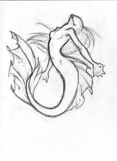 a pencil drawing of a mermaid with her tail curled up and stars on it's back