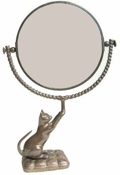 a cat sitting on top of a mirror with chain around it's neck and its reflection in the mirror