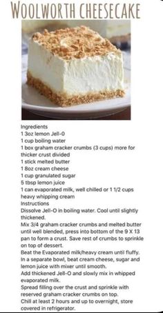 a recipe for a cheesecake on a plate