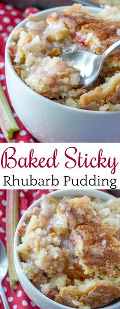 baked sticky rhubarb pudding in a white bowl with a spoon on top