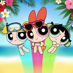 the powerpuff girls cartoon characters are standing in front of flowers and palm trees