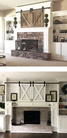 before and after pictures of a fireplace in a living room