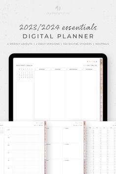 the digital planner is shown on top of a computer screen and in front of it are two