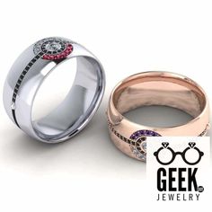 two wedding bands with glasses on them and the words geek jewelry written in black lettering