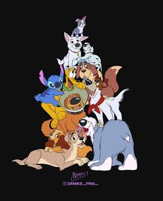 many cartoon characters are grouped together on a black background