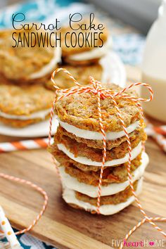 carrot cake sandwich cookies stacked on top of each other