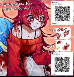 an anime character with blood all over her body and head, sitting in front of a qr code