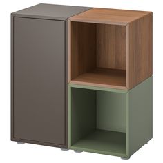 an open cabinet with one door and two shelves on each side, in various colors