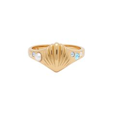 in signet style, this gold-plated ring takes the form of a contemporary shell design. elegant and luxe, she’s encrusted with iridescent faux-pearls and precision cut coloured crystals. pair with our under the sea charm bracelet for a chic, sea-inspired look. Sea Ring, Floral Watches, Surf Jewelry, Preppy Jewelry, Mazzy Star, Jewelry Aesthetic, Mermaid Jewelry, Shell Design, Jewelry Accessories Ideas