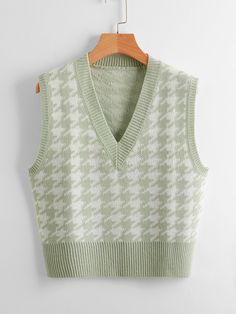 Mint Green Outfits, Pattern Sweater Vest, Green Sweater Vest, Plaid Bodycon Dress, Sweater Vest Outfit, Mint Green Sweater, Hijau Mint, Houndstooth Sweater, Hippie Stil