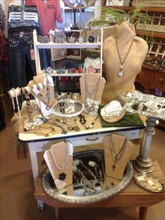 an assortment of jewelry on display in a store