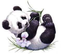 a painting of a panda bear with flowers in it's mouth and paws on the ground