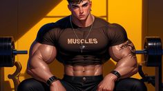 a man sitting on top of a bench with his hands behind his back while wearing a shirt that says muscles