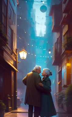 an older couple embracing in the middle of a city street at night with lights on