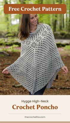 This Hygge High-Neck Crochet Poncho is a work of art. It features a remarkable design, cozy high neck, and decorative open holes, it will definitely make you look stunning. This piece makes for a lovely gift idea for your best friends. | More free crochet patterns at thecrochetfox.com Poncho Sweater Pattern, Poncho Design, Yarn Patterns, Poncho Knitting Patterns