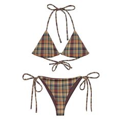 Earthy Plaid String Bikini Women's Swimwear, Plaid Swimsuit, Unique Bikinis, Chain Decor, Cute Bathing Suits, Swimsuit Set, Upf 50