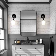 a white bathroom with brick walls and two mirrors on the wall, along with black and white tile flooring