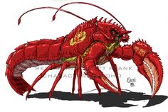 a drawing of a large red lobster with long legs and claws on it's head