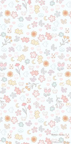 a white background with many different flowers and hearts on the bottom right hand corner, in pastel colors