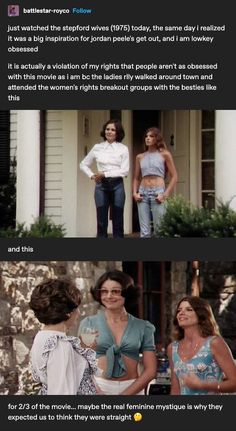 two women talking to each other in front of a house with the caption that reads,