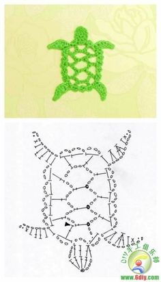 the turtle is made out of crochet and has been stitched onto it