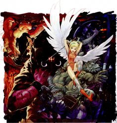 an image of a cartoon character surrounded by monsters and other things in the background, including a woman with wings on her head