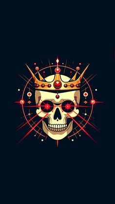 a skull with a crown on it's head in the middle of a dark background
