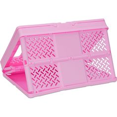 a pink plastic storage container filled with lots of different compartments on top of each other