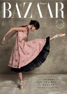 a woman in a pink dress is dancing on the cover of bazaar