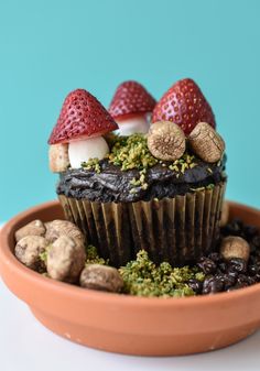 a cupcake with strawberries and mushrooms on top in a clay bowl filled with rocks
