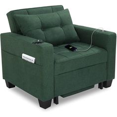 a green chair with a remote control hooked up to it's armrests