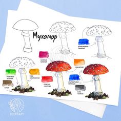 four different types of mushrooms are shown on top of two sheets of paper with colored ink