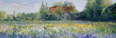 an oil painting of a house in the middle of a field with wildflowers