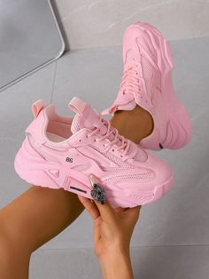 Pink  Collar  Fabric   Embellished   Outdoor Athletic Shoes Baddie Shoes, Basket Sport, Dad Sneakers, Pink Running Shoes, Chunky Shoes, Dad Shoes, Sport Shoes Women, Pink Collar, Casual Sport Shoes