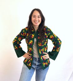 "This granny square afghan sweater is in great vintage condition.  No tag, looks handmade Love the belled sleeves Fun sweater! Lying flat... Armpit to armpit: 18\" ~25\" top to bottom: Armpit to end of sleeve: ~18" Patchwork, Afghan Sweater, Granny Square Patchwork, Patchwork Afghan, Vintage Granny Square, Easter Sweaters, Square Patchwork, Fun Sweater, Knit Items