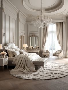 an elegant bedroom with chandelier, bed, and white furniture in the room
