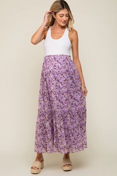 Lavender Smocked Waist Tiered Maternity Maxi Skirt Maxi Skirt Outfits, Skirt Outfit Pregnant, Skirt Pregnancy Outfit, Lavender Skirt Outfit, Pregnant Bump, Maternity Maxi Skirt, Lavender Skirt, Wildflower Baby Shower, Bump Style