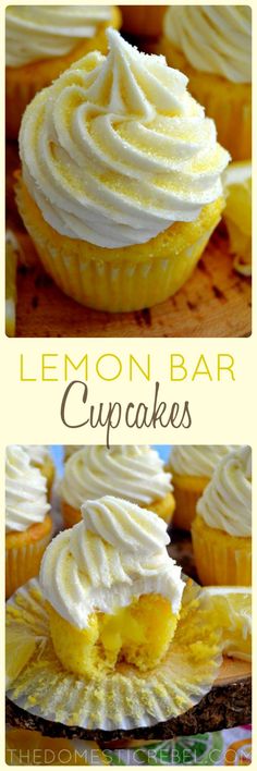 lemon cupcakes with white frosting on top and the bottom one is cut in half