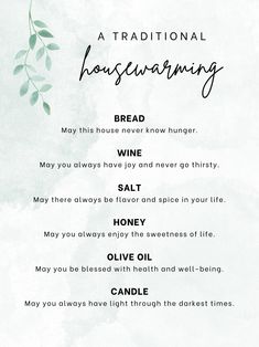 a poster with the words, traditional housewarming written in cursive font